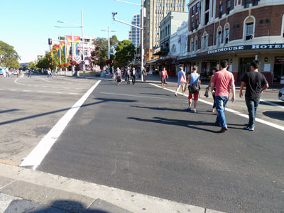 Rainbow crossing at Taylor Square replaced by grey asphalt, April 2013