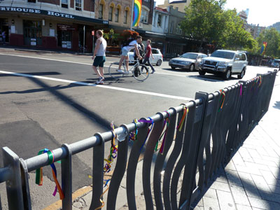 Memorial rainbow ribbons, Taylor Square, 14 April 2013