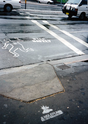 Pedestrian and Junglepunks stencils, Broadway (Sydney), 1999